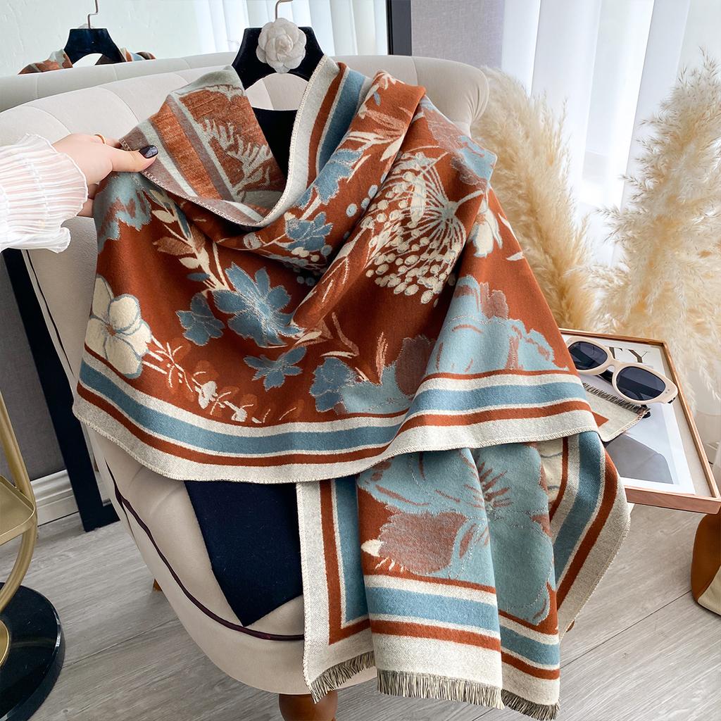 Women's Double-Sided Floral Print Faux Cashmere Scarf Soft Cozy Pashmina Shawl Autumn Winter Cold-Resistant Windproof Blanket