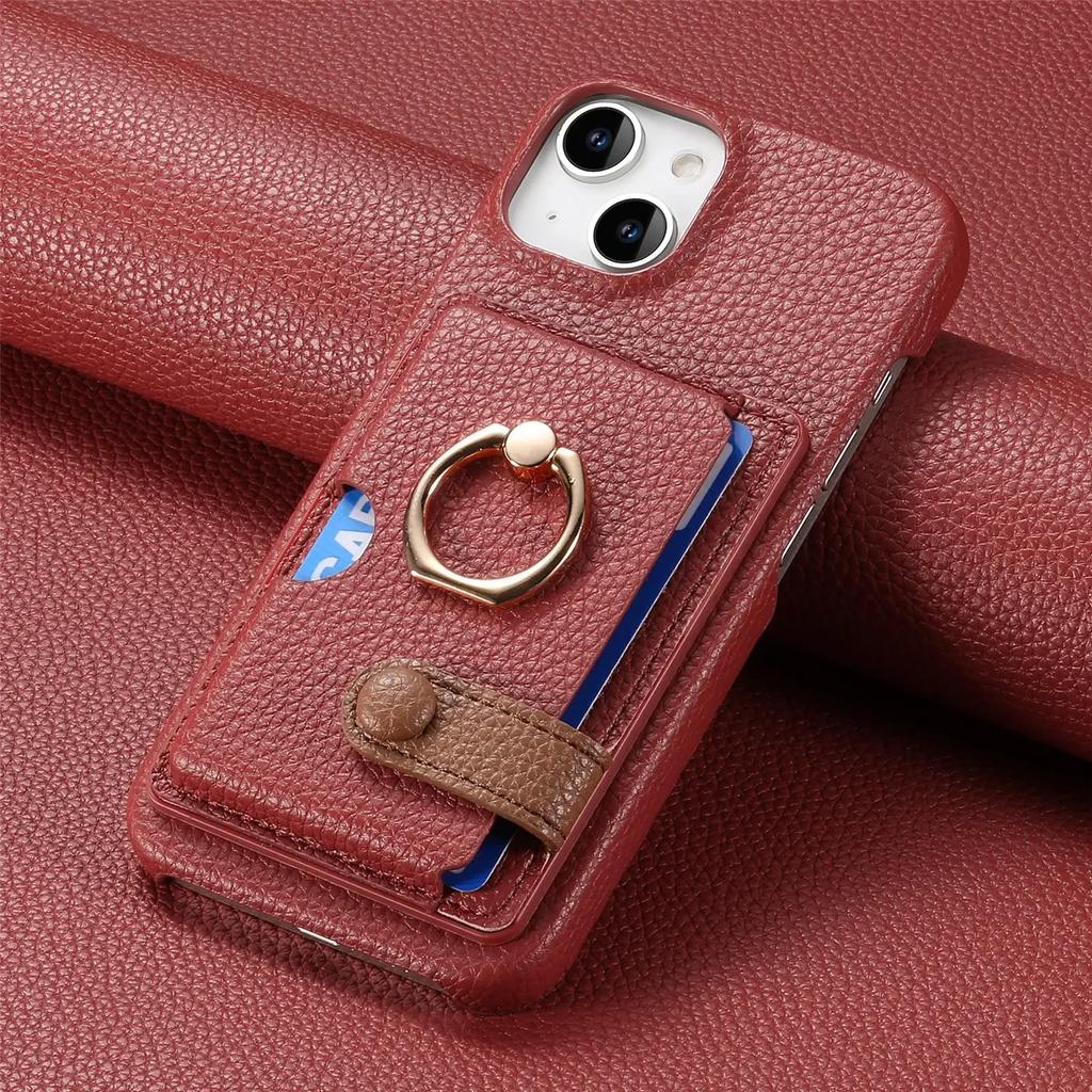 Leather Ring Support Phone Case for IPhone 16E 16 15 14 13 12 11 Pro Max X XR 7 8 Plus Wallet with Card Holder Shockproof Cover