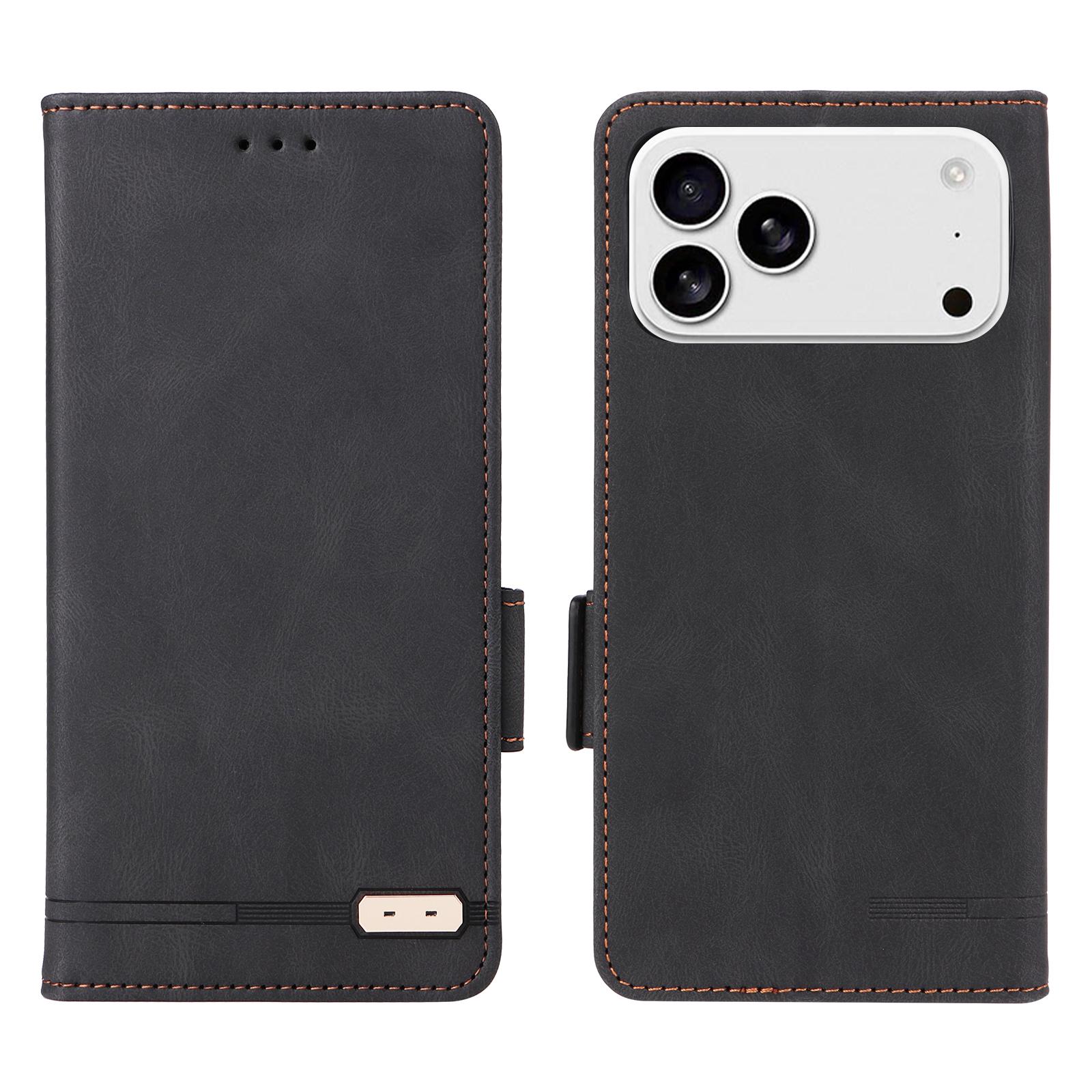 

For iPhone 17 Pro Case Leather Wallet Flip Phone Cover with Hardware Decor Black