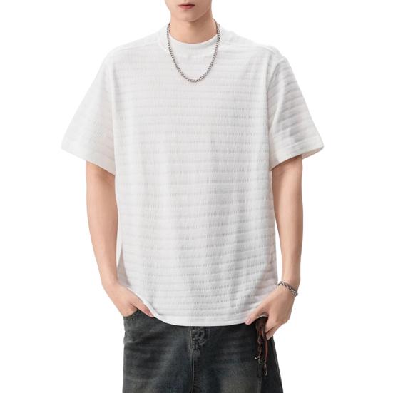 Men T-shirt Round Neck Short Sleeve 3D Striped Jacquard Design Tee Shirt