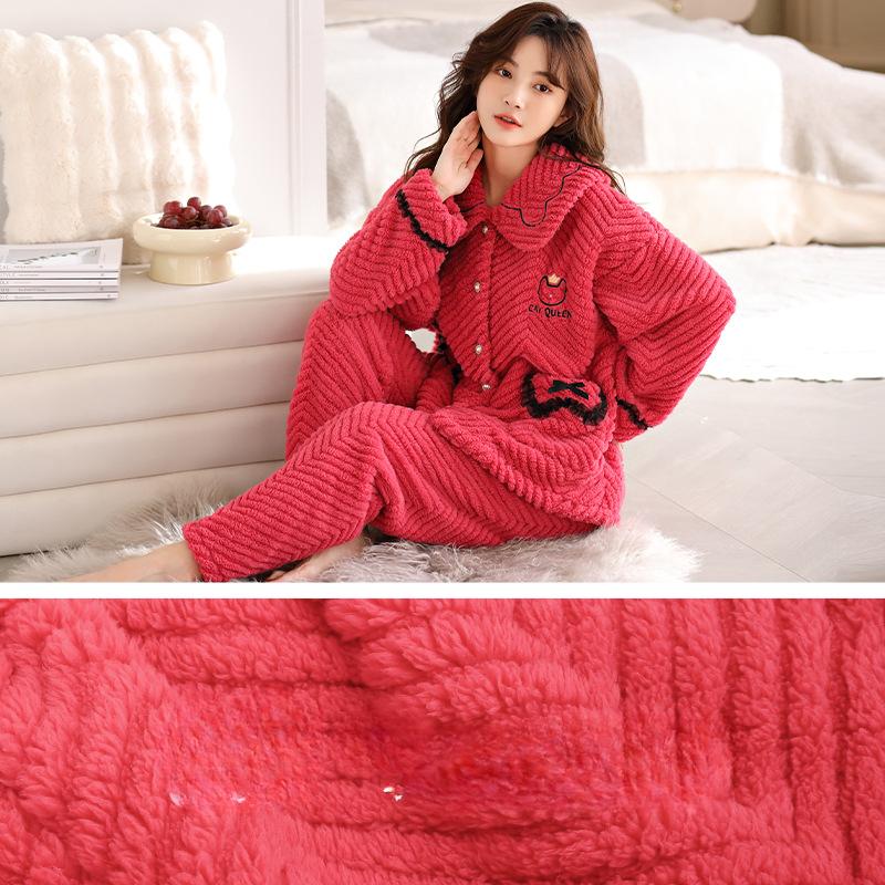 Pajama Women's Autumn/Winter Coral Velvet Set New Women's Flannel and Fleece Thickened Warm Home Wear