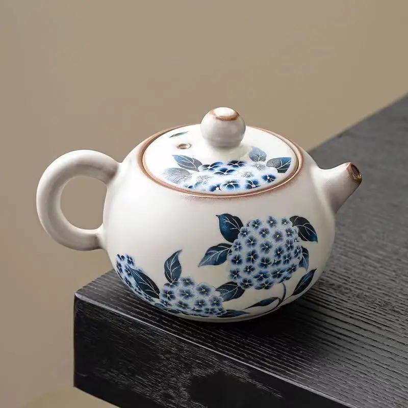 Ru Kiln Chinese Retro Teapot Teacup Lard Frozen Ru Qing Hydrangea Xishi Pot 1 Pot 2 Cups Ceramic Bubble Teapot Office Decoration