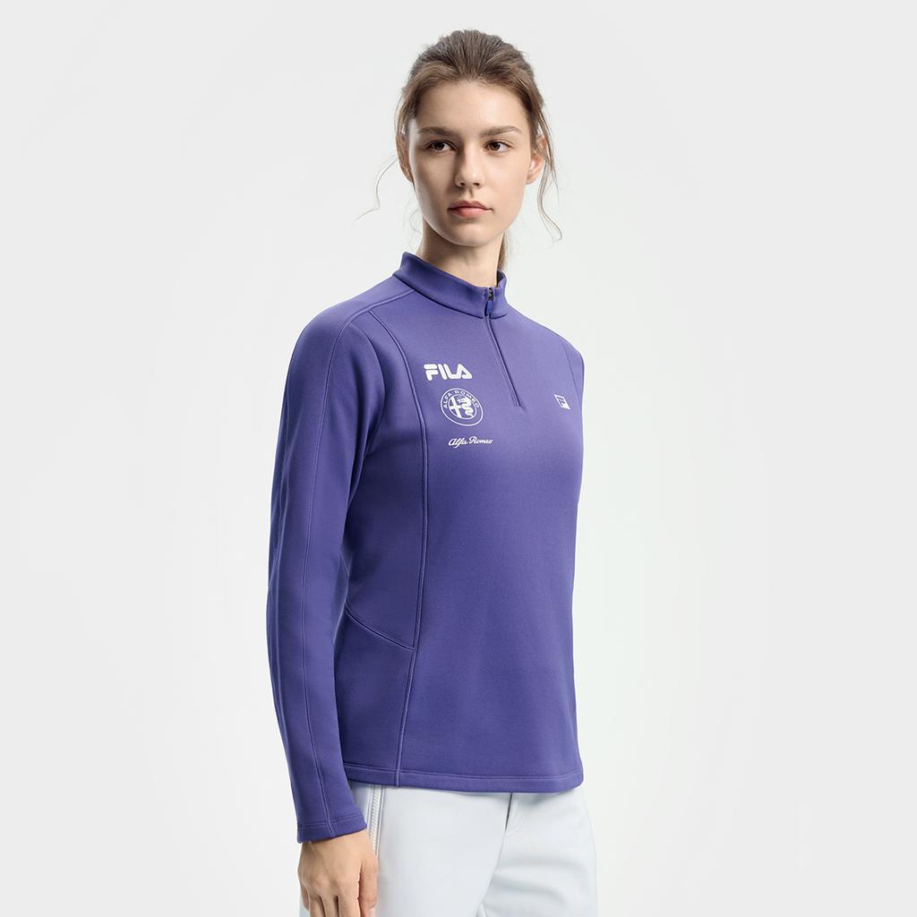 FILA Ski Series Fleece Lined Warm Fashion Slim Fit Simple Casual Sports Knit Long Sleeve T-Shirt Women Tops Ding-Rui-Purple A11W546204FDP