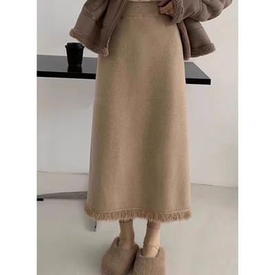 Mode lässig schlank elastisch Quasten Strickrock Damen Herbst Winter verdicken warm Maxi A-Linien Rock Schlitz Wolle Hüftrock