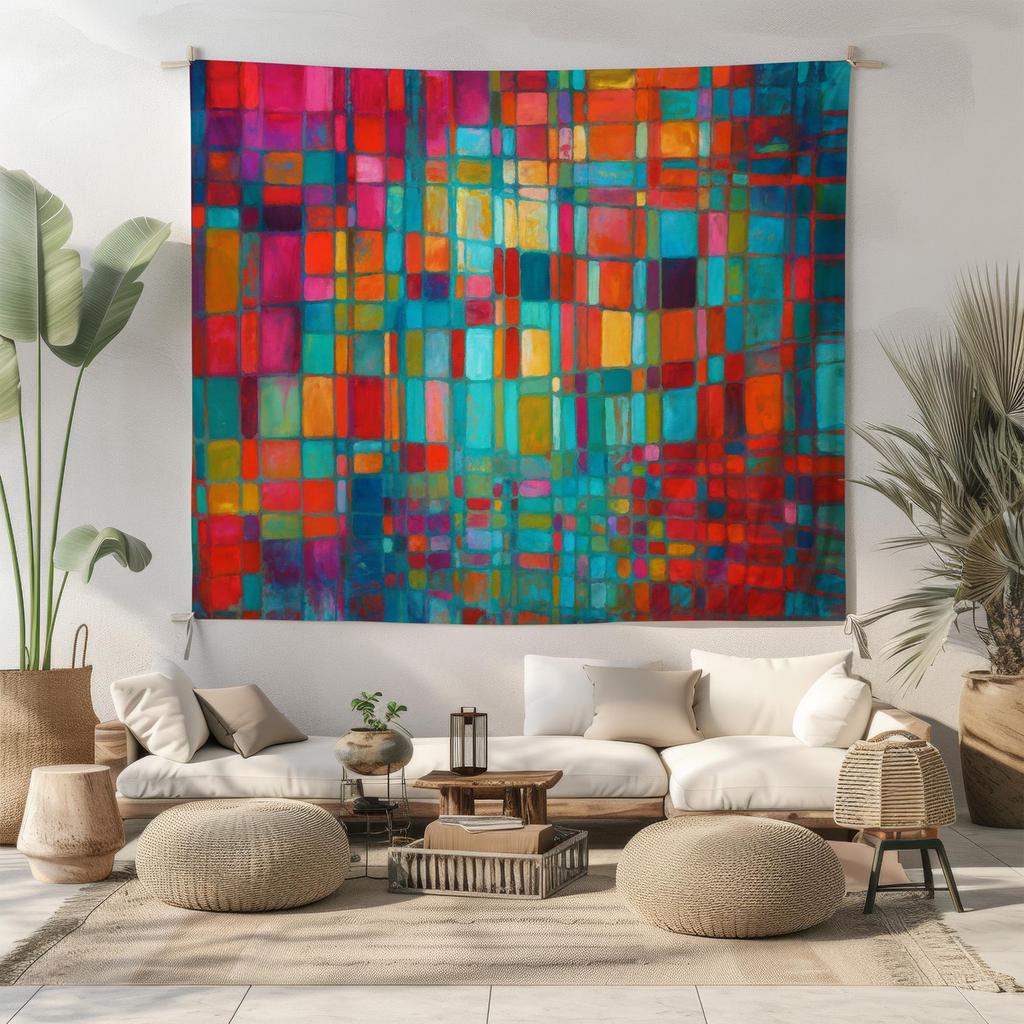 Colorful Abstract Grid Tapestry – Modern Boho Wall Art for Maximalist Decor Vibrant Geometric Pattern for Living Room or Dorm