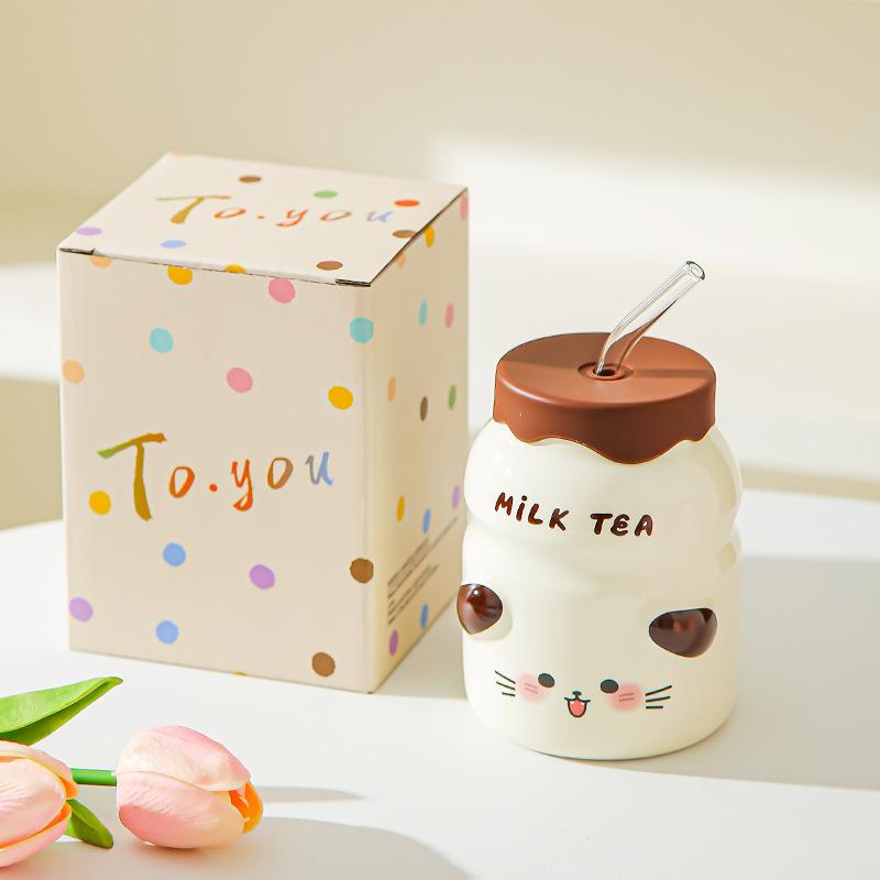 Animal ceramic straw cup with lid Summer essential water cup Girls household cup Juice cup Cold drink cup