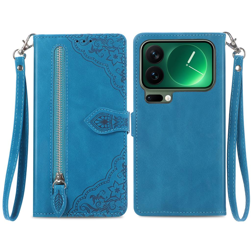 For Xiaomi 17 Pro Max Zipper Wallet Case with Strap Flower Imprint PU Leather Phone Cover