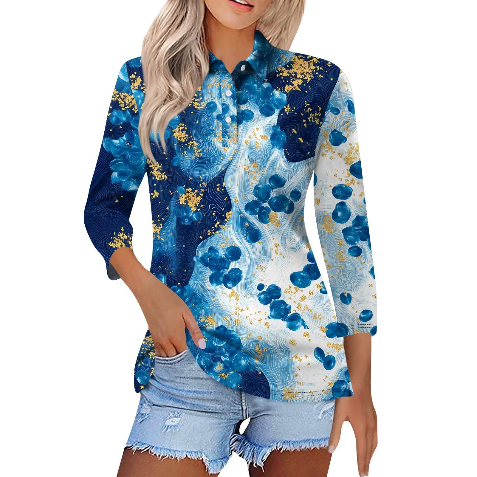 

Женская модная повседневная рубашка с короткими рукавами 3/4 с лацканами и принтом, женские топы на пуговицах L