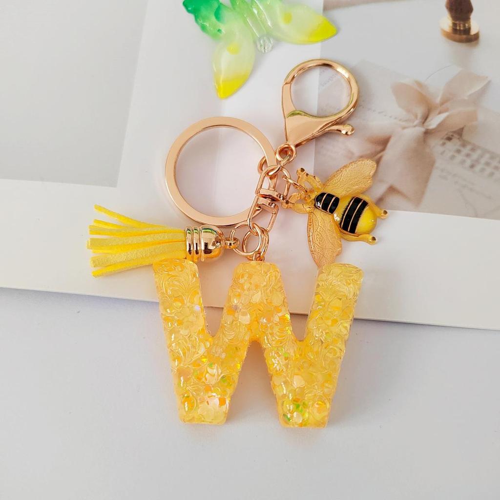 Yellow Bee Resin Glitter Letter Keychain Pendant Ornament