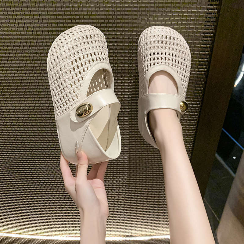 Woven thick-soled inner height increase one pedal Velcro Mary Jane shoes children with skirts 2025 summer new single shoes