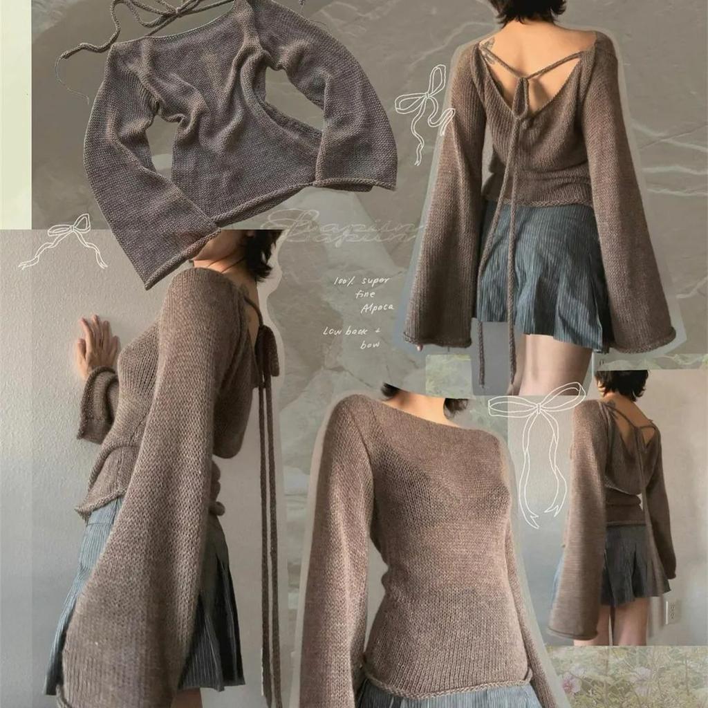 Women's Flared Sleeve Knit Top Fashion Lace Up Backless O Neck Pullover Sexy Solid Long Sleeve Sweaters Casual Tops