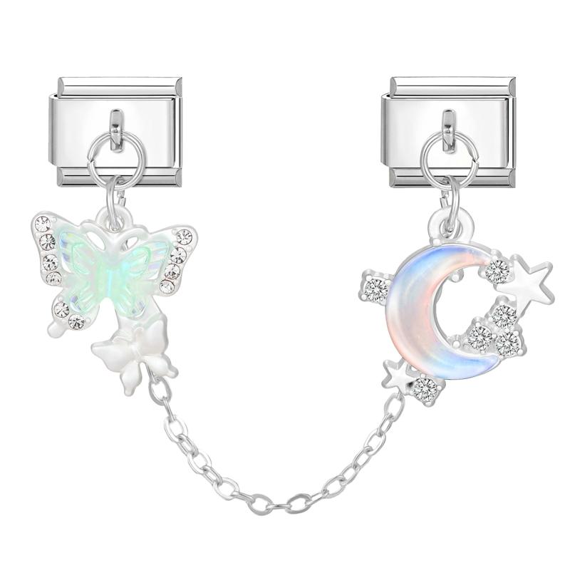Y2K Zircon Moon Bow Star Pink Heart Tassel Chain Italian Charm Links Fit 9MM Stainless Steel Bracelet Women DIY Making Jewelry