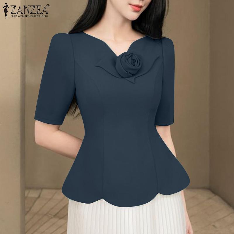 ZANZEA Women V-Neck Summer Short Sleeve Slim Blouse