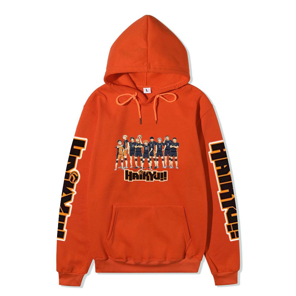 Felpa Unisex con Cappuccio in Pile Haikyuu Karasuno Squadra Intera Manica Doppia Stampa Logo Haikyuu Anime Pallavolo Felpa con Cappuccio a Manica Lunga