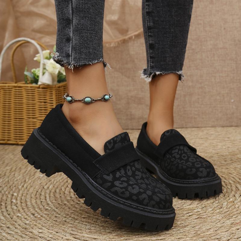 Women's Leopard Print Loafers New Platform Block Heel Fashion British Style Small Leather Shoes