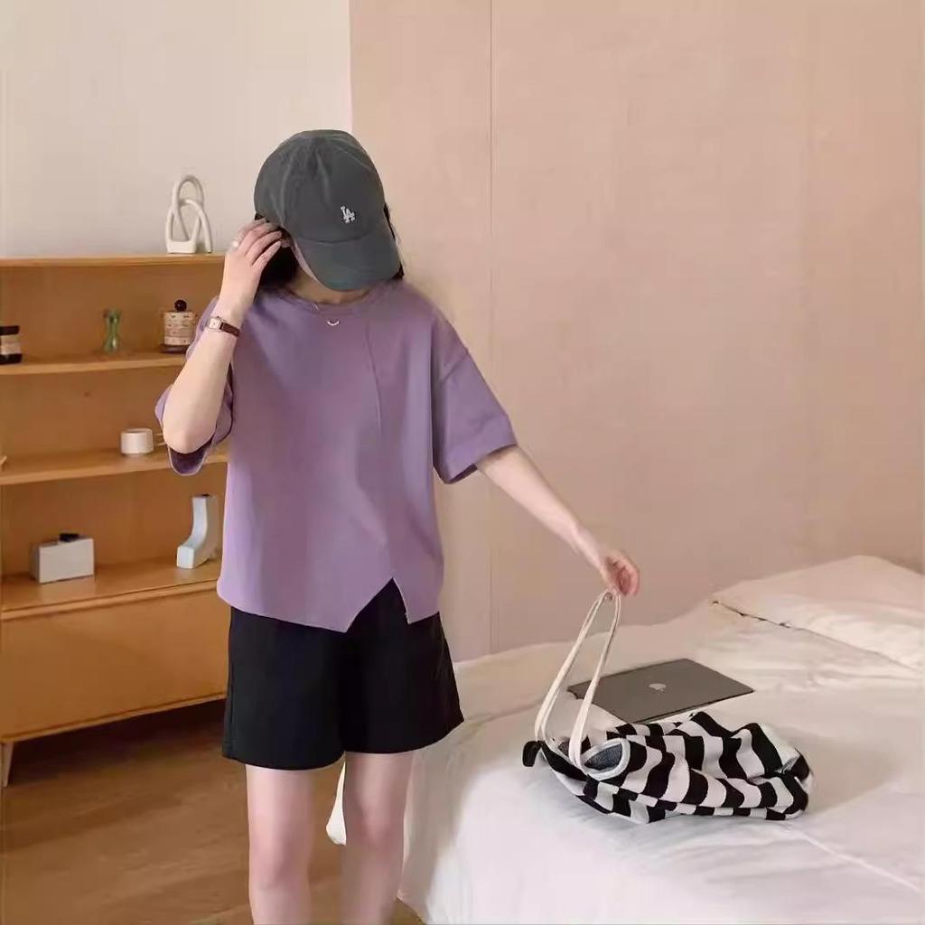 Women's Loose Fit Round Neck Tee with Irregular Slit Design - 2024 Korean Summer Style