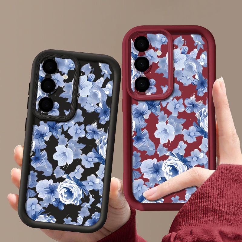 Blue Flower Pattern Soft Phone Case For Samsung Galaxy S26 S25 S24 S23 S22 S21 Ultra S25 Edge S24 S25 FE S22 Plus TPU Back Cover