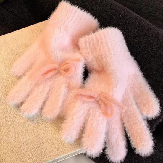 Women Fuzzy Thermal Gloves Fluffy Winter Thick Full Finger Gloves with Bows Solid Color Cute Warm Plush Gloves for Girls Cycling Daily Errands