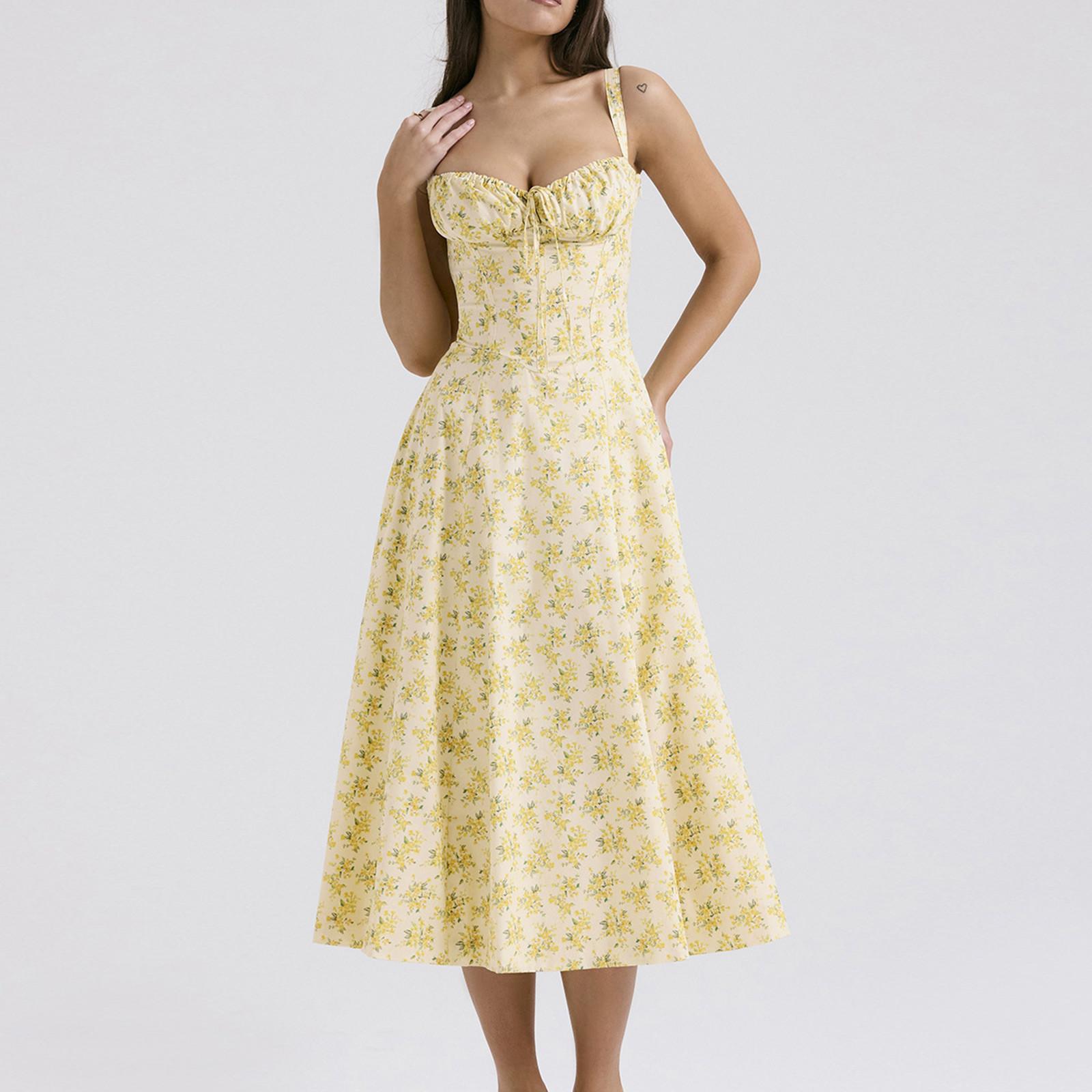 

Женское повседневное длинное платье с круглым вырезом и принтом, пляжное платье, платье для свадебного гостя, женское платье XL жёлтый