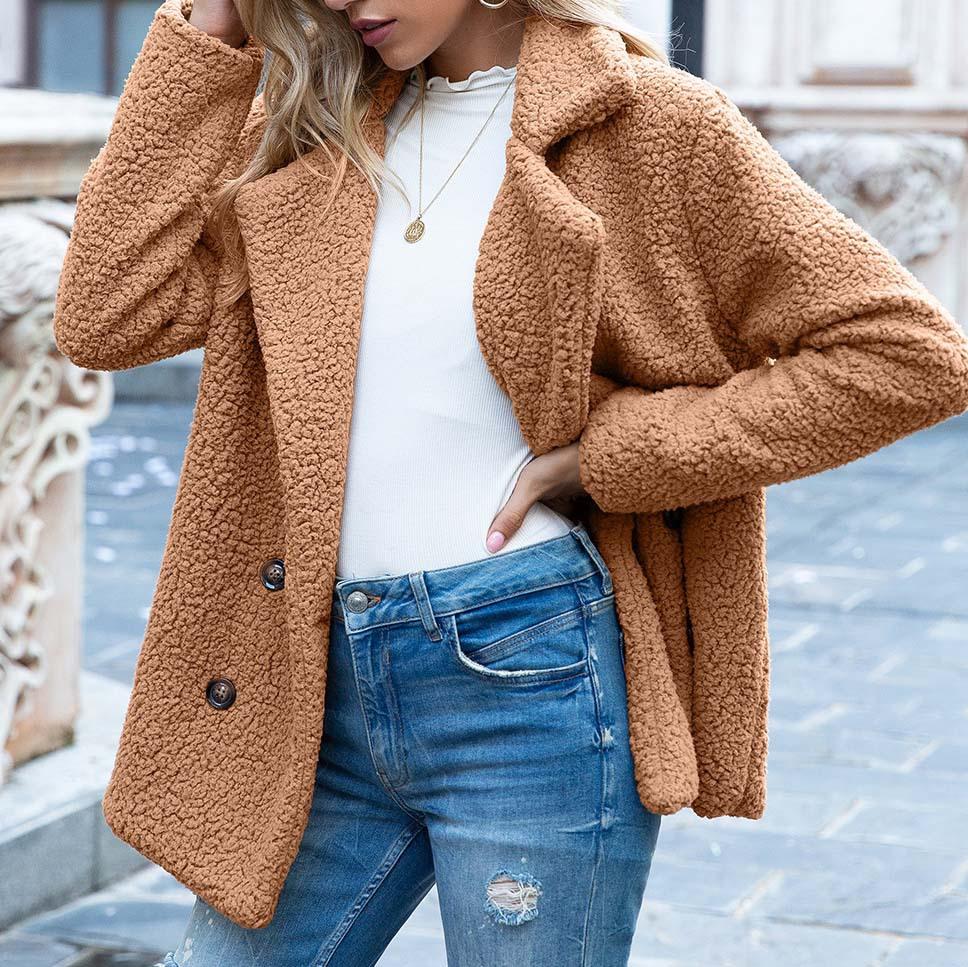 Elegant Faux Fur Cashmere Women Coat Autumn Winter Warm Solid Color Female Plush Overcoat Pocket Casual Teddy Outerwear