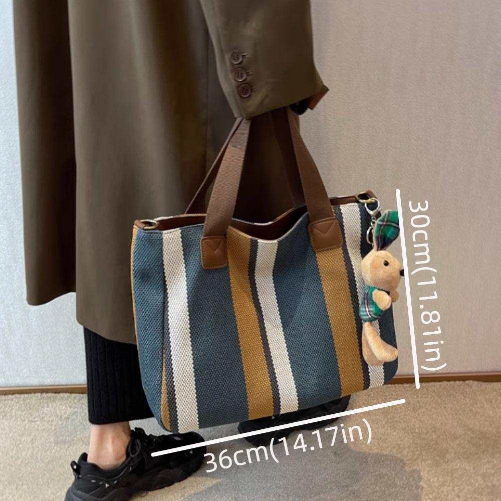 Versatile Stripe Tote Bag Casual Women's Bags Trendy Canvas Shoulder Bag  Shopping Bag