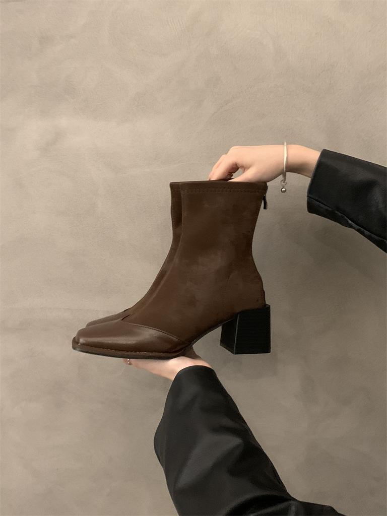 High heel square head French small short boots 2025 single boots winter thin boots Korean small ankle boots