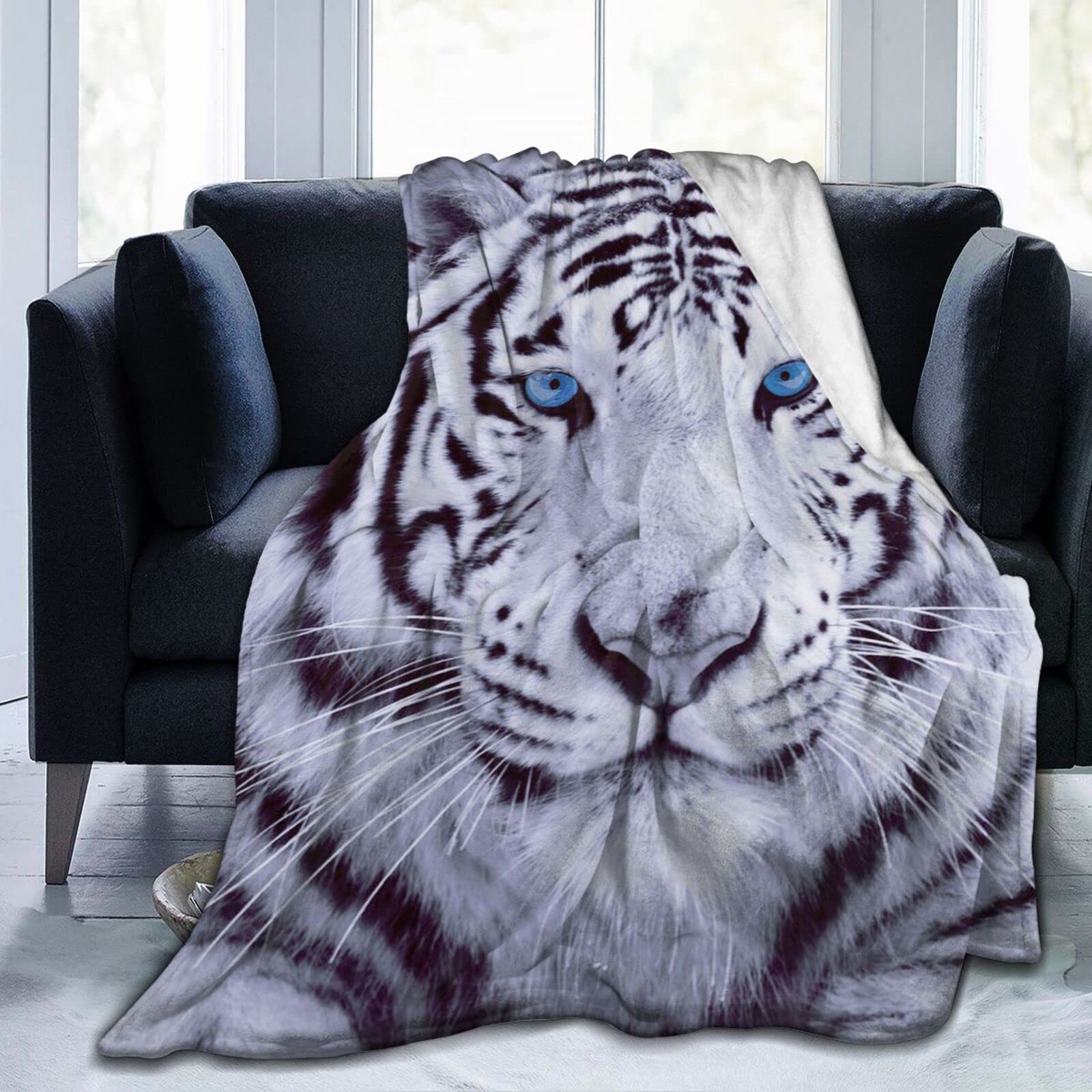 

White Tiger Blanket Warm Plush Throw Fuzzy Bedspread Shawl for Bed Sofa Animal Print Flannel Blanket Fluffy Soft Cozy Blankets 75x90cm