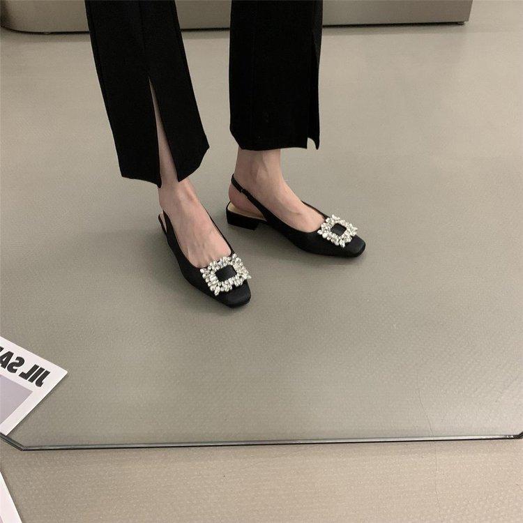 High Heel Sandals Thick Heeled Women's 2024 Summer New Square Button Rhinestone Fairy Style French Square Toe Single Shoes