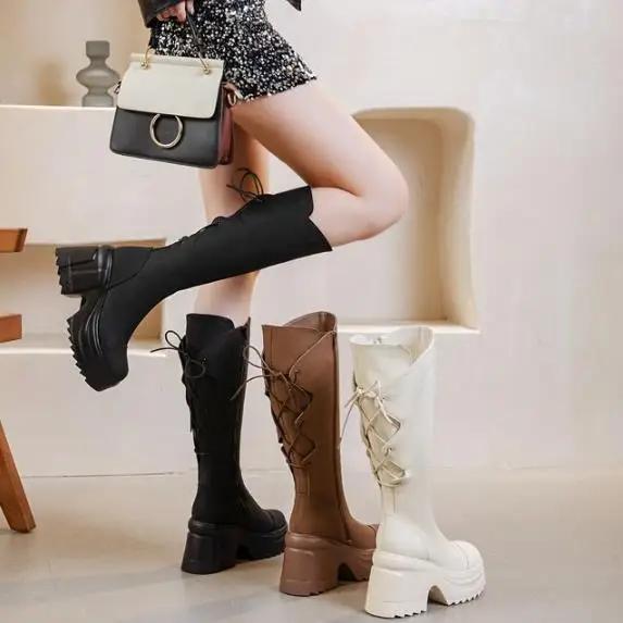 Mode 10CM Mikrofaser Damenstiefel Leder Herbst Plateau Keil Kniehoch Mode Britisch Knöchel Frühling Reißverschluss Synthetische Stiefel Schuhe