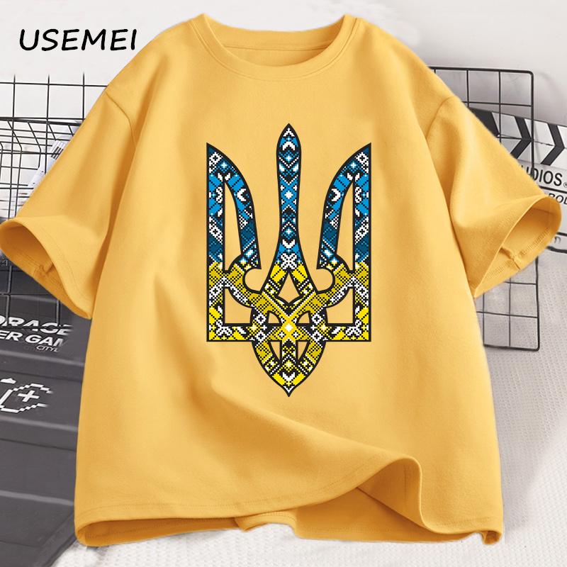 Ukraine Emblem Bedrucktes T-Shirt Herren Damen O-Ausschnitt Lässige Oberteile T-Shirts Ukrainischer Dreizack Geschenk T-Shirt Baumwolle Übergroßes T-Shirt Kleidung