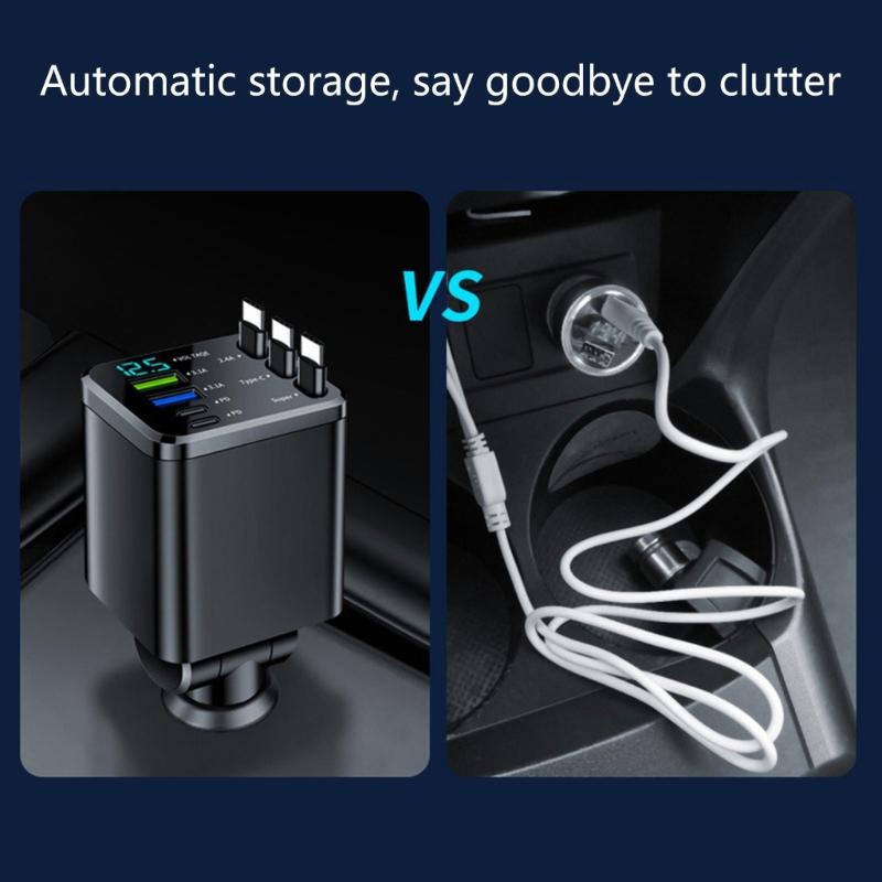 Small Car Charges Retractable 70cm Cable 3 Type C Ports 180 Degree Swivel Head Fast Charging Adapter for Mobile Devices