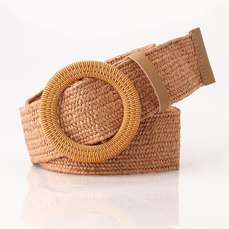 Wide, Simple and Versatile Straw-woven Round-buckle Belt, Forest Girl Tie Cotton and Linen Elastic Woven Elastic Dress and Dress Decorative Belt