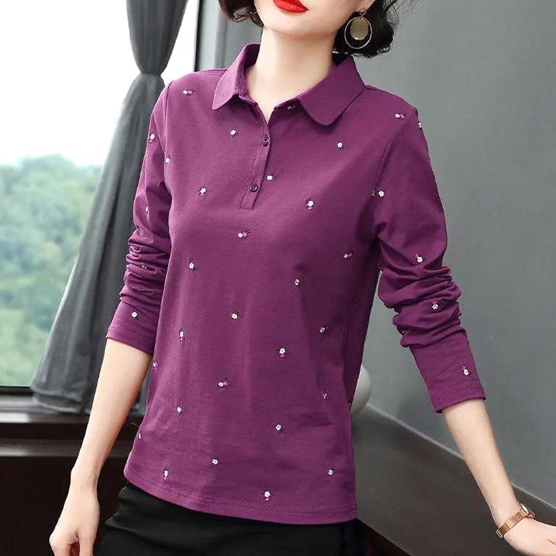All Season Turn-down Collar Solid Dot Pattern Casual Plus Size Loose Women's Clothing T-Shirts Comfortable Simple Button