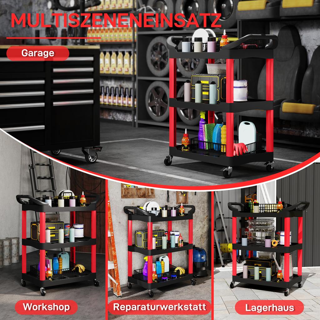 3-Tier Rolling Tool Cart, Tool Trolley On Wheels, Plastic Mobile Service Utility Cart with Handles for Garage, Mechanics and Warehouse, 91kg Capacity