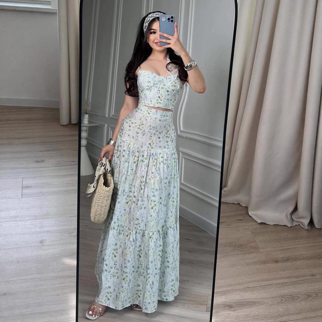 2025 summer European and American cross-border women's clothing new French slim-fit suspender halter top floral dress set