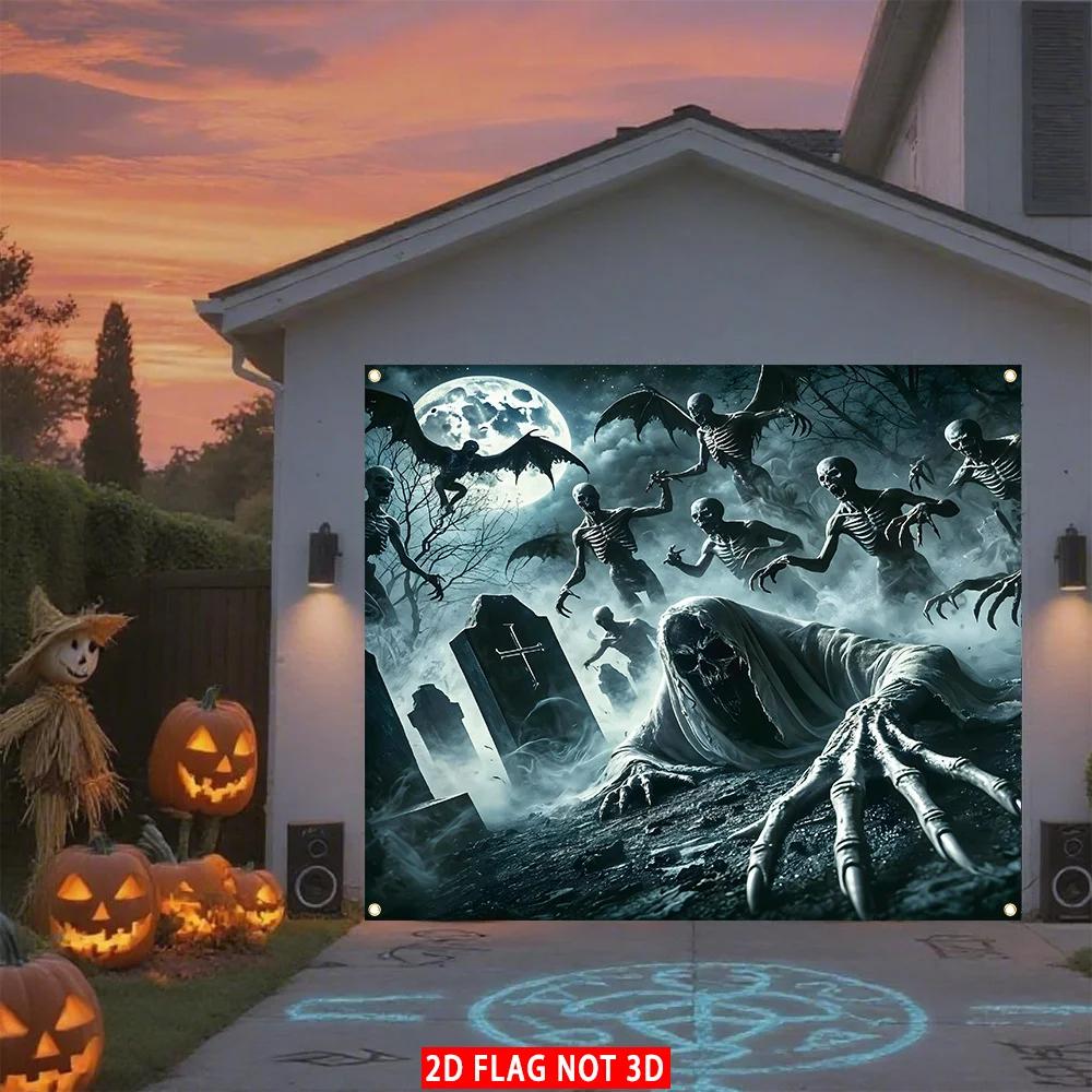 [2D FLAG NOT 3D] 1 Piece, a Terrifying Halloween Garage Door Cover Flag.zyc
