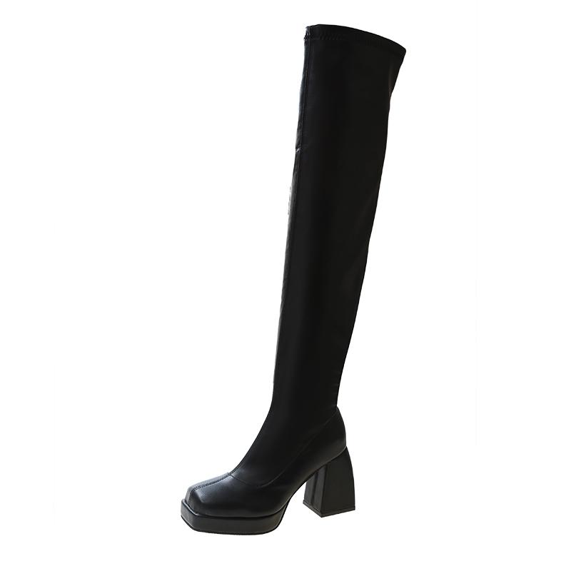 Thigh High Boots Women Over-the-knee High Heels Boots Platform Shoes Chunky Heels Moccasin Black Luxury Designer Elegant Trend