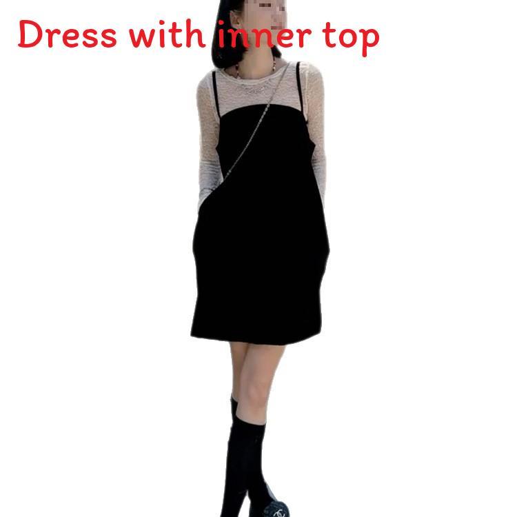 French Design Black Knit Dress With Long Sleeve Round Neck For Spring Summer Women