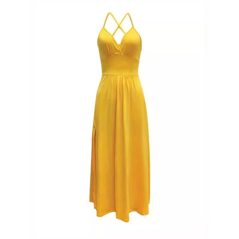 European and American Dress Slimming Solid Sling Trailing Banquet Yellow Formal Dress Women Dress