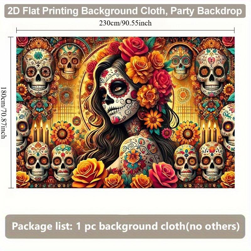 Vibrant Background Fabric for the Day of the Dead Celebration Featuring Floral Skull Design and Mexican Party Decorations