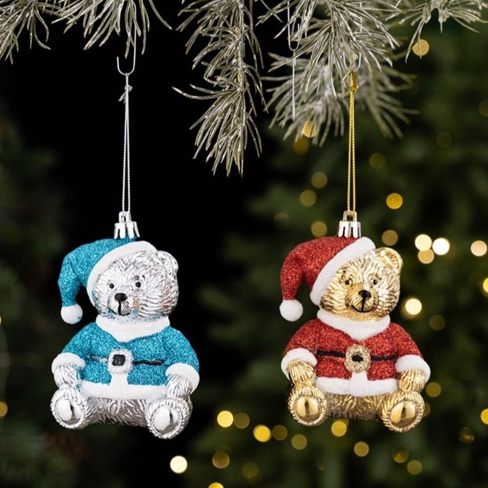 Electroplated Finish Christmas Bear Ornament Glitter Coated Xmas Tree Charm Window Display