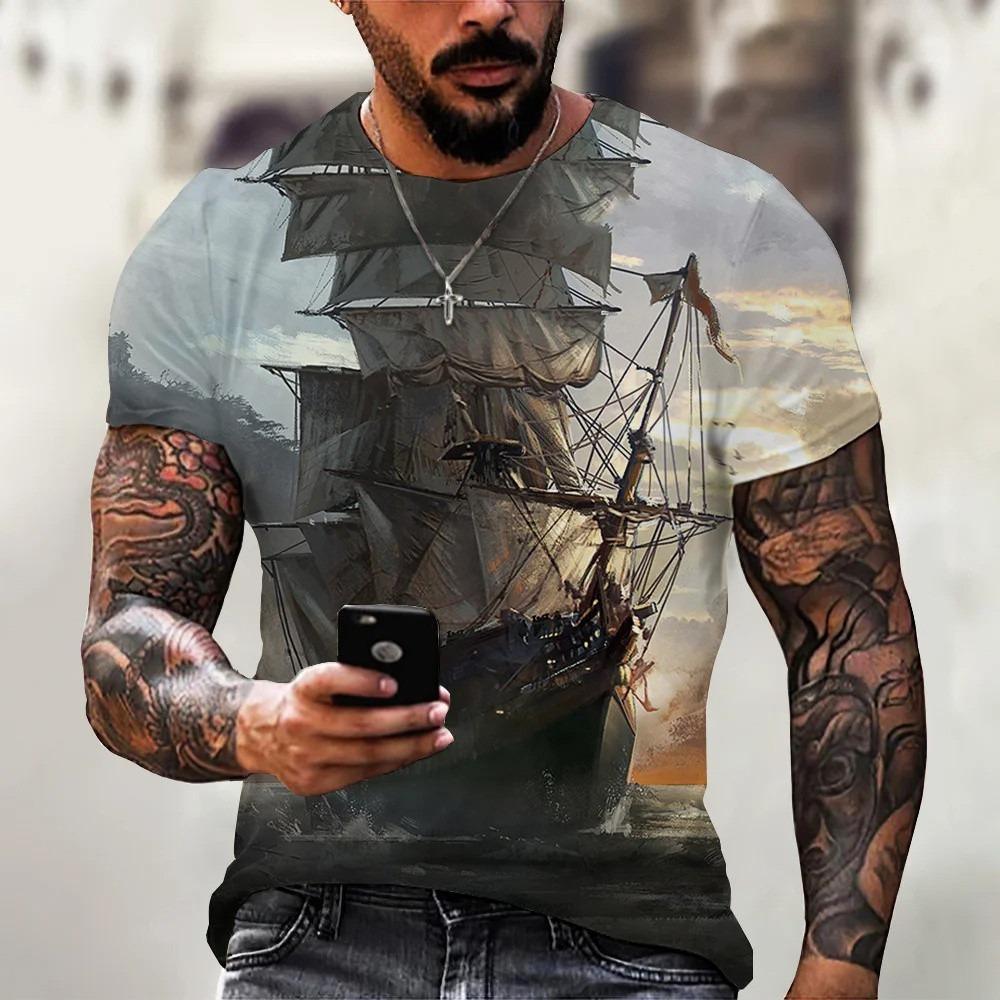 Sailing Style, Men's T-shirt, Short Sleeved Shirt, Men's Clothing, T-shirt, Pattern, Shirt