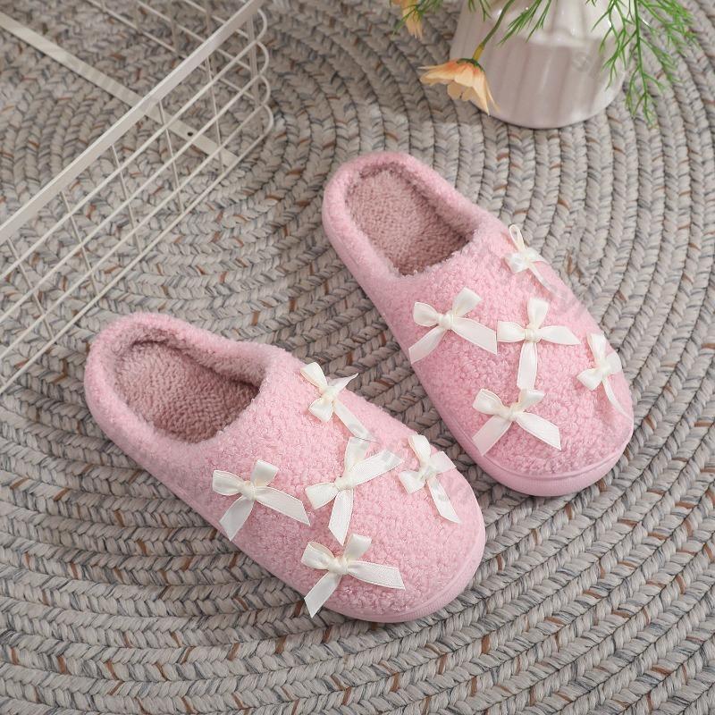 Fashion Cute Plush Shoes Winter Women's Fashion Bow Knot Warm Home Shoes Thicken Lightweight Comfortable Indoor Non Slip Cotton Slippers