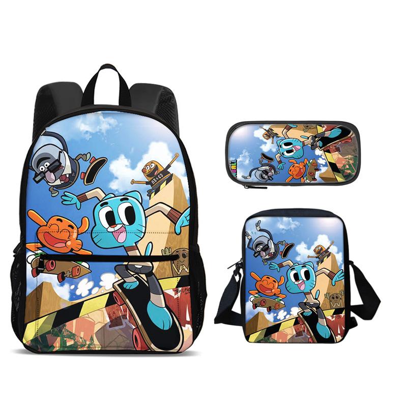 The Amazing World of Gumball Backpack Pen Bag Shoulder Bag 3Pcs Set Large Capacity Cartoon Anime Printed Student Boys and Girls