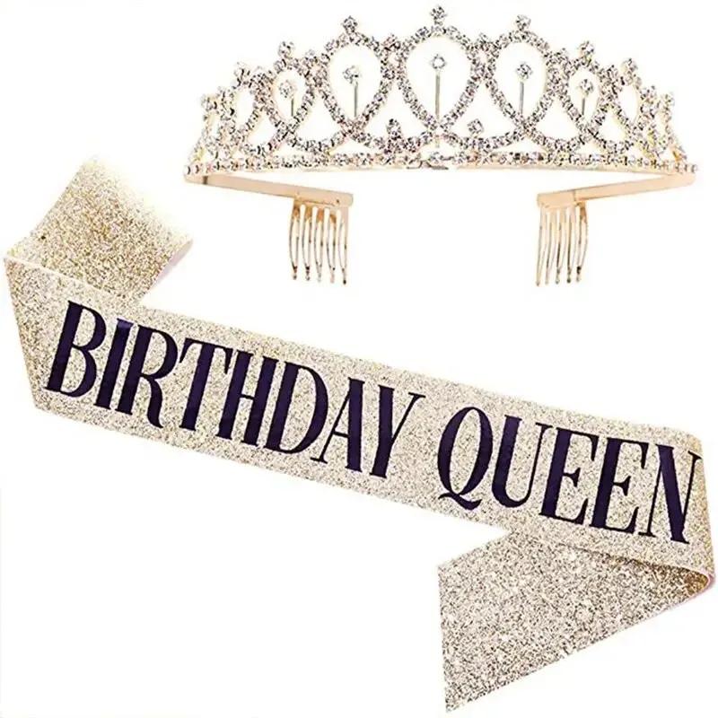 Bling Strass Kristall Krone Tiara Geburtstag Jahrestag Dekoration Alles Gute zum 18. 21. 30. 40. 50. Geburtstag Satin Schärpe Party Supplies