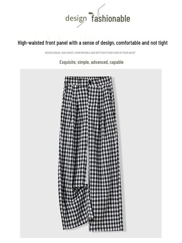 Women's Black and White Plaid Ice Silk Cropped Wide-Leg Pants - Elastic Waist, Summer Casual, Slimming, Loose Fit.