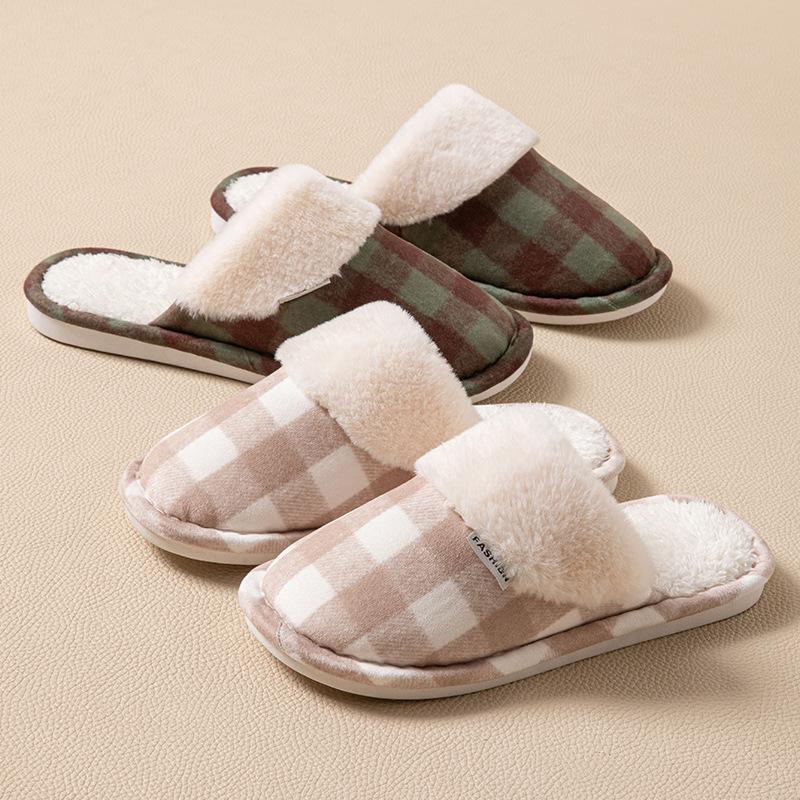 Retro plaid cotton slippers men's winter indoor home non-slip thick-soled plush warm cotton slippers women's winter