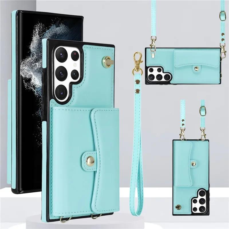Lanyard Leather Wallet Phone Case for Samsung Galaxy S25 S24 Plus S23 FE S22 Ultra S21 S20 S10 Note 20 Flip Stand Cover Back Bag