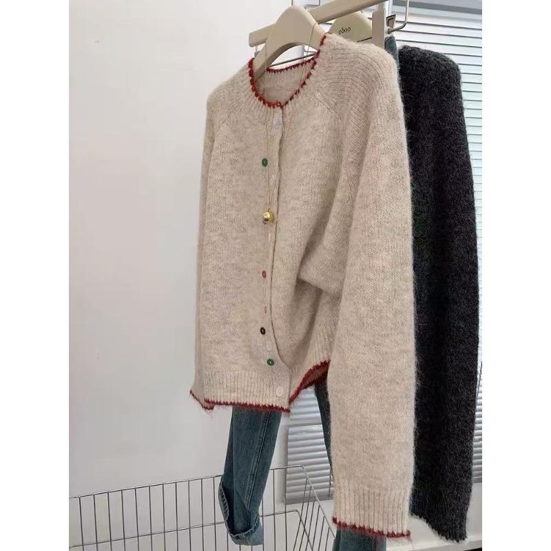 

Женский вязаный кардиган-жакет с круглым вырезом контрастного цвета и длинными рукавами, для невысоких людей, и мягкие восковые топы на раннюю осень. L абрикосовый