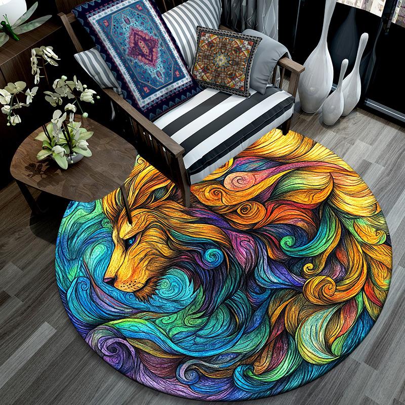 Abstract Goat and Lion Round Area Rug,Carpet Rug for Living Room Bedroom Sofa Playroom Decor,Non-slip Floor Mat